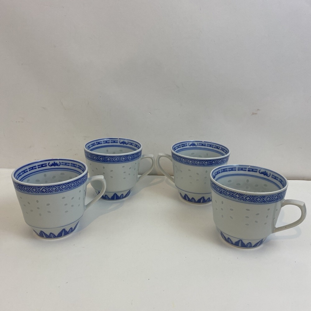 Tea Cups Small China Blue And White Set Of 4